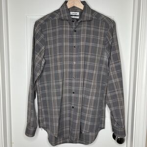 Calvin Klein Men's Slim-Fit Gray Plaid Dress Shirt 15 32/33